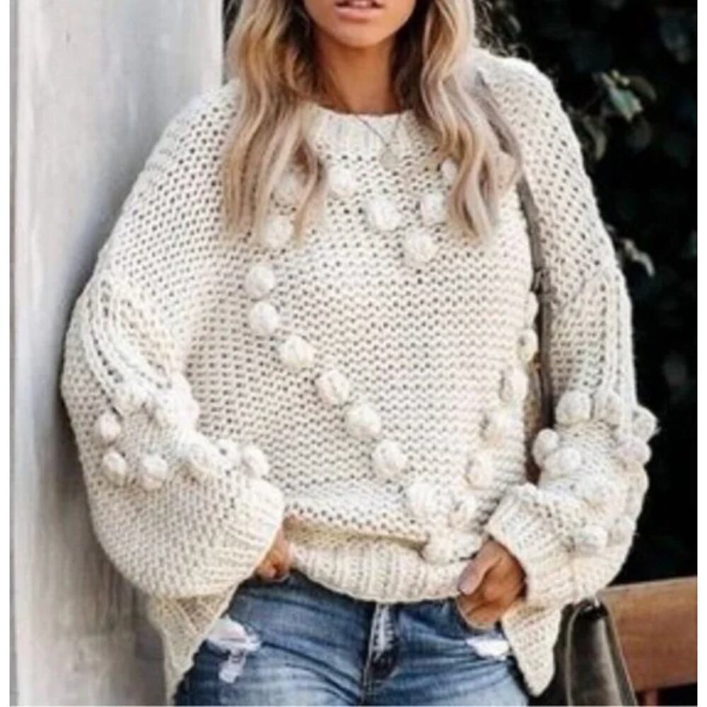 New Vici Pom Pom Oversized Soft Bobble Knit Sweater SZ S-XL